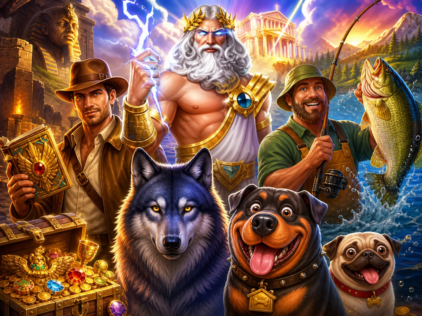 High-quality digital illustration of characters from popular slot games, featuring vibrant colors and rich game-world environ